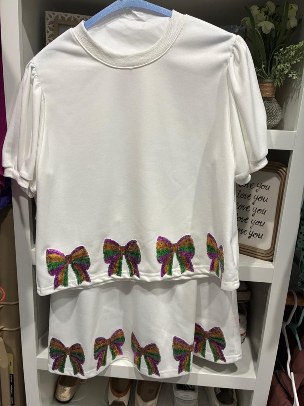 White Short Sleeve Top & Skirt Set with Multicolor Sequin Bows